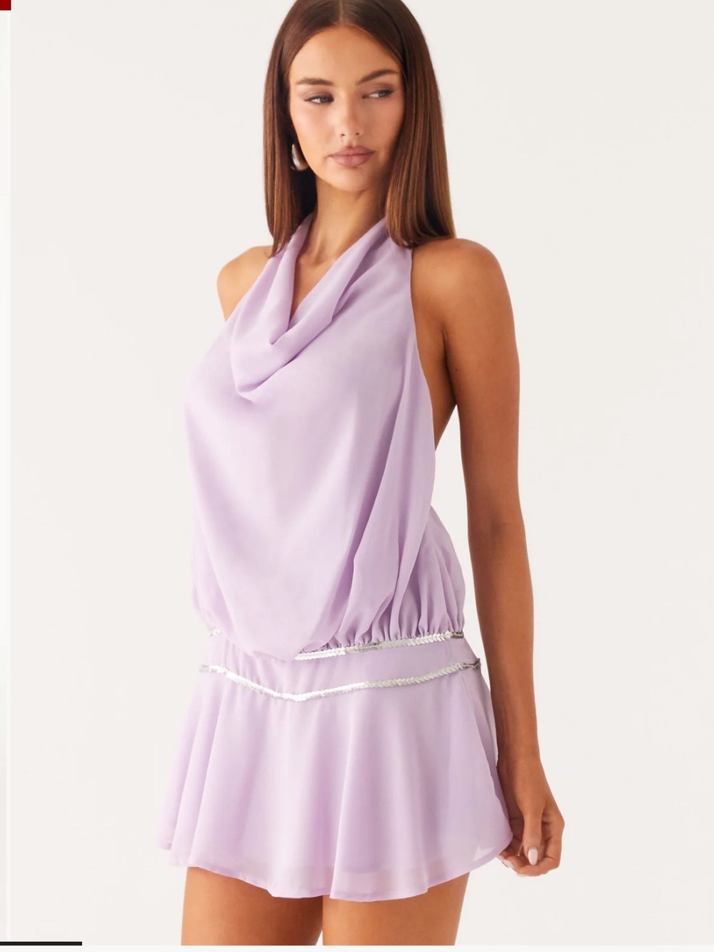 Peppermayo Lilac Draped Halter Mini Dress with Rhinestone Trim